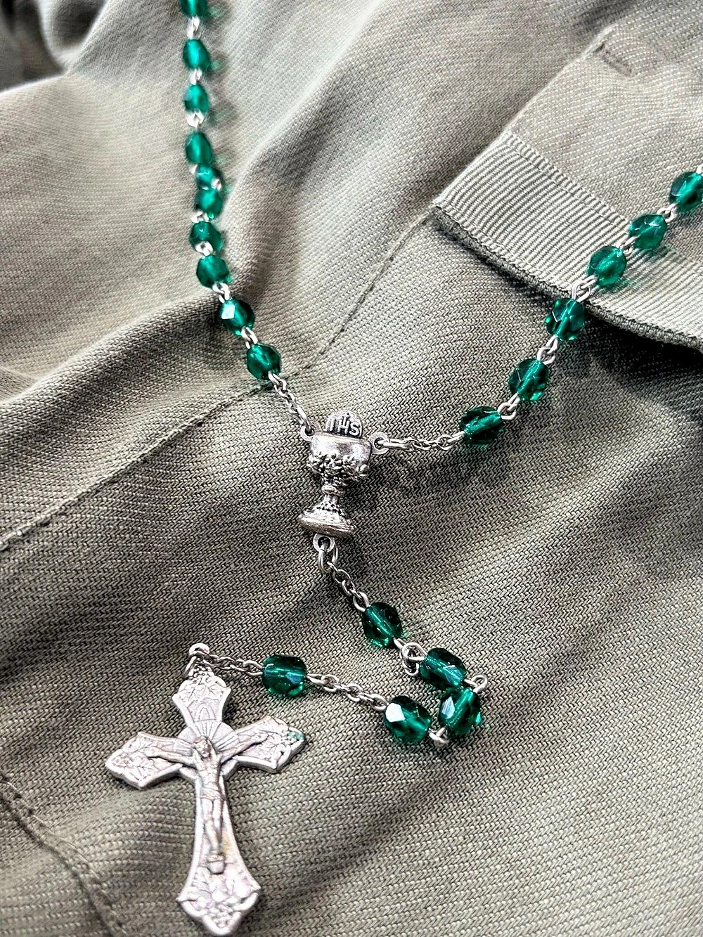 Green Beaded Crucifix Necklace